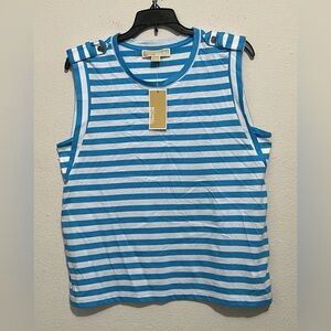 Michael Kors Women's Blouse Large Blue Sleeveless Stripe Button Top Shirt-NWT